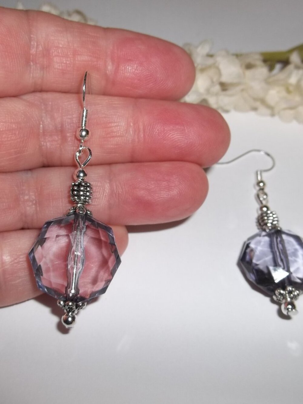 Earrings Purple and Silver Tone Costume Jewelry Set Pair Beaded Dangle Drop D879
